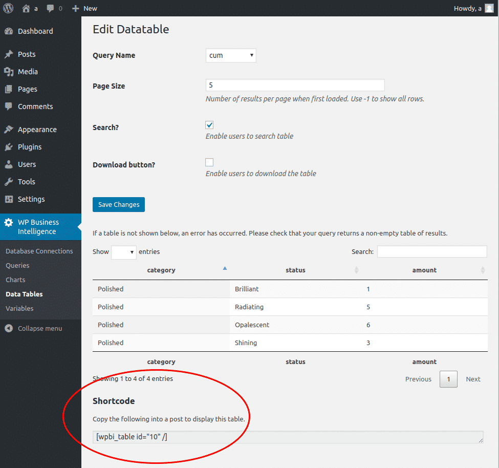 WordPress Business Intelligence Plug-in instructions on creating a responsive data table